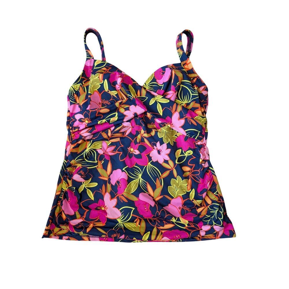 Lands' End swim tankini top, size , size 12, Navy Blue Floral Print; Wrap